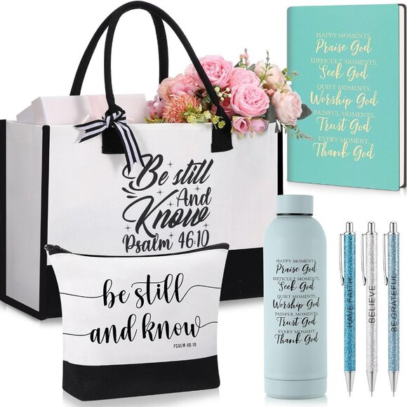 Christian Gift Set Women Faith Bible Verse Tote Makeup Pen Light Blue